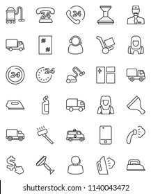 thin line vector icon set - scraper vector, vacuum cleaner, car fetlock, window cleaning, steaming, agent, woman, dollar cursor, phone 24, support, delivery, mobile, amkbulance, doctor, hour, iron