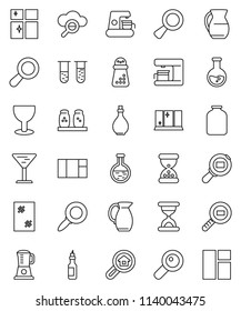 thin line vector icon set - window cleaning vector, shining, oil, hand mill, spices, jug, jar, magnifier, flask, glass, cargo search, vial, sand clock, cloud, estate, coffee maker, blender