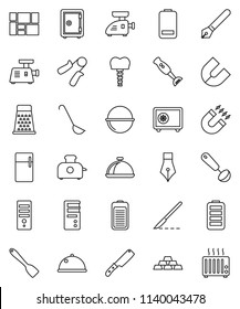 thin line vector icon set - camping cauldron vector, spatula, ladle, knife, grater, blender, dish, pen, magnet, safe, gold ingot, hand trainer, consolidated cargo, battery, scalpel, tooth implant