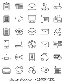 thin line vector icon set - clipboard vector, satellite, phone, mobile, mail, connect, network server, cloud lock, firewall, hub, router, lan connector, message, refresh, download, wireless, tap pay