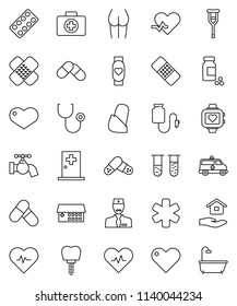 thin line vector icon set - water tap vector, house hold, heart pulse, pills vial, buttocks, monitor, first aid kit, ambulance star, crutches, patch, stethoscope, blister, hospital building, bandage