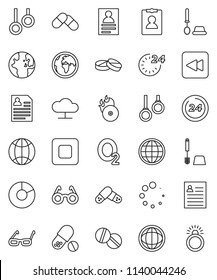 thin line vector icon set - toilet brush vector, glasses, world, personal information, pie graph, pills, gymnast rings, oxygen, earth, music hit, stop button, backward, cloud network, loading, globe