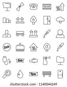 thin line vector icon set - water drop vector, welcome mat, sprayer, percent growth, top sign, sorting, classic phone, magnifier, dropper, broken bone, counter, network folder, lan connector, bench