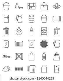 thin line vector icon set - bucket vector, trash bin, garbage pile, measuring cup, jug, sieve, jar, enegry drink, water bottle, sea container, port, wood box, consolidated cargo, package, oil barrel