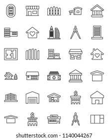 thin line vector icon set - school building vector, drawing compass, university, bank, stadium, dry cargo, hospital, home, cottage, chalet, barn, fence, plan, apartments, office, love, store, mall