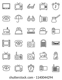 thin line vector icon set - washboard vector, kettle, hand mill, turk coffee, glasses, alarm clock, phone, umbrella, film frame, radio, tv, classic, closed, video camera, sewing machine