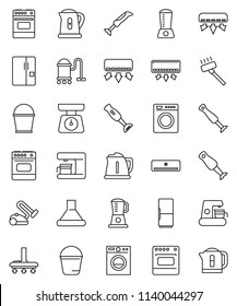 thin line vector icon set - vacuum cleaner vector, bucket, kettle, scales, oven, blender, air conditioner, fridge, washer, coffee maker, hood