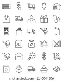 thin line vector icon set - washing powder vector, cereal, pasta, delivery, wood box, cargo, no trolley, hook, warehouse, package, search, pills bottle, drop counter, relocation truck, gift