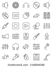 thin line vector icon set - disk vector, music hit, microphone, speaker, loudspeaker, settings, headphones, pause button, forward, rec, rca, jack, equalizer