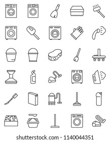 thin line vector icon set - broom vector, vacuum cleaner, mop, bucket, sponge, car fetlock, steaming, washer, washing powder, cleaning agent, rubber glove