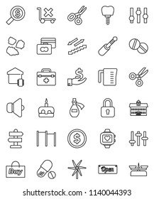 thin line vector icon set - garbage pile vector, measuring cup, cake, university, scissors, dollar coin, credit card, investment, money search, horizontal bar, pills, heart monitor, stairways run