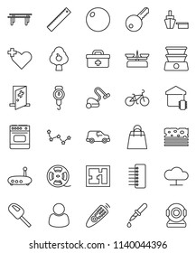 thin line vector icon set - vacuum cleaner vector, scales, ruler, constellation, bike, horizontal bar, fitball, breads, car, port, film spool, remote control, doctor bag, heart cross, dropper, hub