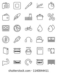 thin line vector icon set - water drop vector, drying clothes, washing powder, pan, kettle, copybook, pen, dollar coin, graph, wallet, cash, stopwatch, bike, muscule hand, earth, money, camera, hdmi