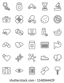 thin line vector icon set - potato vector, microscope, scales, clipboard, pills vial, weight, muscule hand, snickers, boxing glove, molecule, calendar, heart monitor, doctor bag, pulse, cross, eye