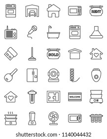 thin line vector icon set - mop vector, welcome mat, bath, oven, double boiler, dry cargo, home, garage, plan, rent signboard, sold, key, love, fridge, hood, microwave, blender, epilator, fan, usb