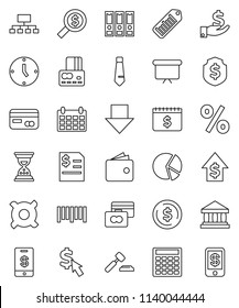 thin line vector icon set - bank vector, dollar coin, pie graph, credit card, wallet, investment, growth, auction, annual report, calculator, money search, clock, binder, sand, arrow down, tie