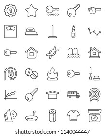 thin line vector icon set - mop vector, steaming, toilet brush, paper, oil, school bus, constellation, graph, scales, target, medal, pool, dry cargo, flammable, dna, pills, eye doctor hat, router