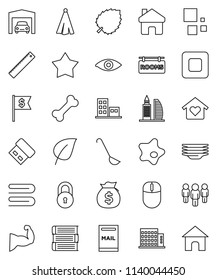 thin line vector icon set - towel vector, splotch, plates, ladle, book, ruler, leaf, money bag, man, dollar flag, muscule hand, bone, stop button, eye, home, loading, lock, mailbox, garage, love