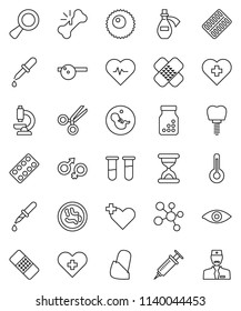 thin line vector icon set - heart pulse vector, molecule, cross, thermometer, vial, eye, gender sign, magnifier, pregnancy, syringe, dropper, scissors, broken bone, sand clock, patch, pills bottle