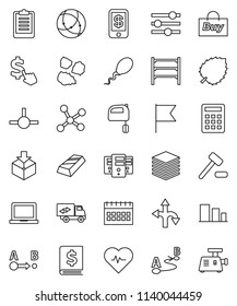 thin line vector icon set - garbage pile vector, mixer, notebook pc, flag, leaf, gold ingot, annual report, calendar, dollar cursor, heart pulse, clipboard, route, package, sorting, shelving, sperm