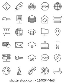 thin line vector icon set - world vector, antenna, network folder, server, cloud exchange, big data, menu, shield, firewall, usb modem, lan connector, message, download, mail, chain, globe, document