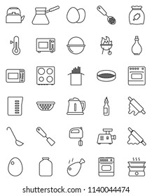 thin line vector icon set - camping cauldron vector, kettle, oil, colander, measuring cup, skimmer, spatula, ladle, rolling pin, turk coffee, mixer, microwave oven, thermometer, bbq, sieve, jar, egg