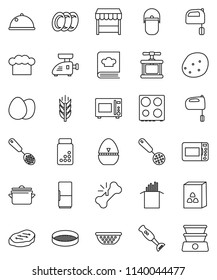 thin line vector icon set - plates vector, pan, camping cauldron, colander, cook hat, timer, press, skimmer, mixer, microwave oven, cookbook, blender, sieve, dish, cereal, egg, pasta, potato, steak