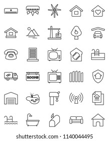thin line vector icon set - house vector, pond, pool, windmill, water supply, fruit tree, mountain, garage, barn, fence, estate document, rooms signboard, bath, cushioned furniture, relocation truck