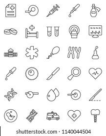 thin line vector icon set - school building vector, ambulance star, heart pulse, cross, flask, vial, dna, magnifier, pregnancy, insemination, syringe, dropper, crutches, scalpel, pills, chromosomes