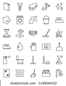 thin line vector icon set - plunger vector, cleaner trolley, water tap, vacuum, mop, scoop, rake, bucket, clothespin, sponge, towel, drop, car fetlock, shining, window cleaning, splotch, welcome mat