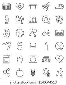 thin line vector icon set - diet vector, measuring, scales, heart pulse, stadium, bike, weight, jump rope, hand trainer, horizontal bar, punching bag, buttocks, swimsuite, sports nutrition, molecule