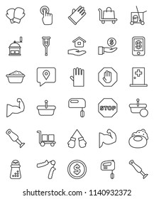 thin line vector icon set - soap vector, cleaner trolley, foam basin, rubber glove, house hold, hand mill, blender, dollar coin, investment, trainer, muscule, boxing, traking, cargo, touchscreen