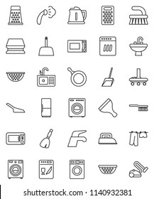 thin line vector icon set - scraper vector, broom, water tap, vacuum cleaner, fetlock, scoop, sponge, steaming, drying clothes, washer, sink, pan, kettle, colander, grater, microwave oven, fridge