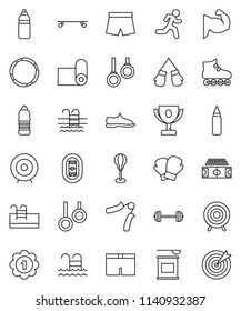 thin line vector icon set - award cup vector, target, barbell, stadium, hand trainer, punching bag, muscule, snickers, boxing glove, shorts, roller Skates, skateboard, medal, sports nutrition, pool