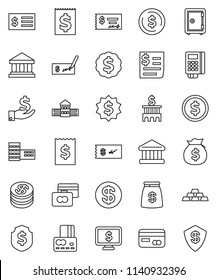 thin line vector icon set - school building vector, bank, dollar coin, credit card, money bag, investment, check, receipt, medal, shield, safe, monitor, gold ingot, reader