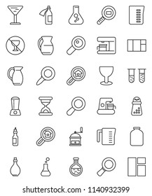 thin line vector icon set - oil vector, measuring cup, hand mill, jug, jar, magnifier, flask, no alcohol sign, glass, cargo search, vial, sand clock, potion, estate, coffee maker, blender, window