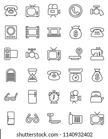 thin line vector icon set - water tap vector, washboard, kettle, glasses, alarm clock, money bag, phone, big scales, film frame, tv, video camera, classic, sand, fridge, kitchen, sewing machine
