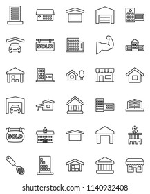 thin line vector icon set - skimmer vector, university, school building, bank, muscule hand, dry cargo, warehouse, hospital, house, cottage, chalet, garage, barn, sold signboard, apartments, office