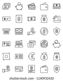 thin line vector icon set - dollar coin vector, credit card, wallet, money bag, piggy bank, investment, check, receipt, any currency, euro sign, cash, cashbox, shield