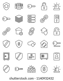 thin line vector icon set - certificate vector, personal information, dollar shield, safe, protected, link, cloud, big data, server, firewall, chain, key, unlock, smart home, protect, password