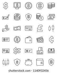 thin line vector icon set - exchange vector, dollar coin, japanese candle, credit card, wallet, cash, investment, stack, check, shield, monitor, pound, cent sign, money