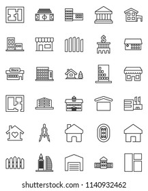 thin line vector icon set - university vector, school building, drawing compass, bank, stadium, dry cargo, hospital, home, cottage, chalet, barn, fence, plan, apartments, office, love, store, mall