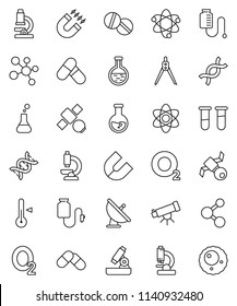 thin line vector icon set - thermometer vector, drawing compass, atom, telescope, microscope, magnet, flask, pills, molecule, oxygen, satellite, antenna, vial, dna, drop counter, ovule