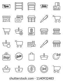 thin line vector icon set - pen vector, dollar coin, cart, credit card, office, shelving, sale, open, 24 hour, shopping bag, market, store, mall, buy, receipt, basket