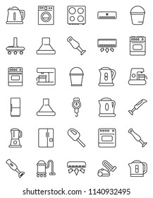 thin line vector icon set - vacuum cleaner vector, bucket, kettle, scales, oven, blender, air conditioner, fridge, washer, coffee maker, hood