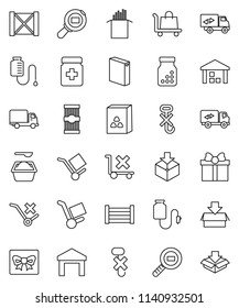 thin line vector icon set - washing powder vector, cereal, pasta, delivery, wood box, cargo, no trolley, hook, warehouse, package, search, pills bottle, drop counter, relocation truck, gift