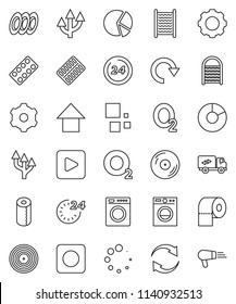 thin line vector icon set - washboard vector, toilet paper, plates, pie graph, arrow up, oxygen, disk, play button, rec, pills blister, gear, refresh, redo, loading, route, relocation truck, 24 hour
