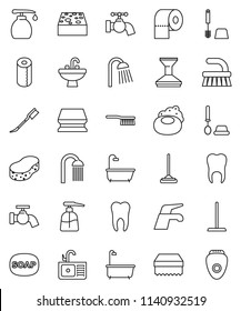 thin line vector icon set - soap vector, water tap, fetlock, mop, sponge, car, bath, toilet brush, liquid, paper, shower, sink, tooth, epilator