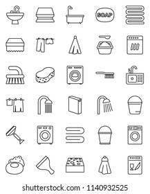 thin line vector icon set - soap vector, scraper, fetlock, bucket, sponge, towel, bath, drying clothes, washer, washing powder, shower, sink, dishwasher