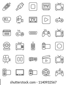 thin line vector icon set - cinema clap vector, film spool, tv, gamepad, video camera, remote control, play button, pause, stop, rec, hdmi, web, projector